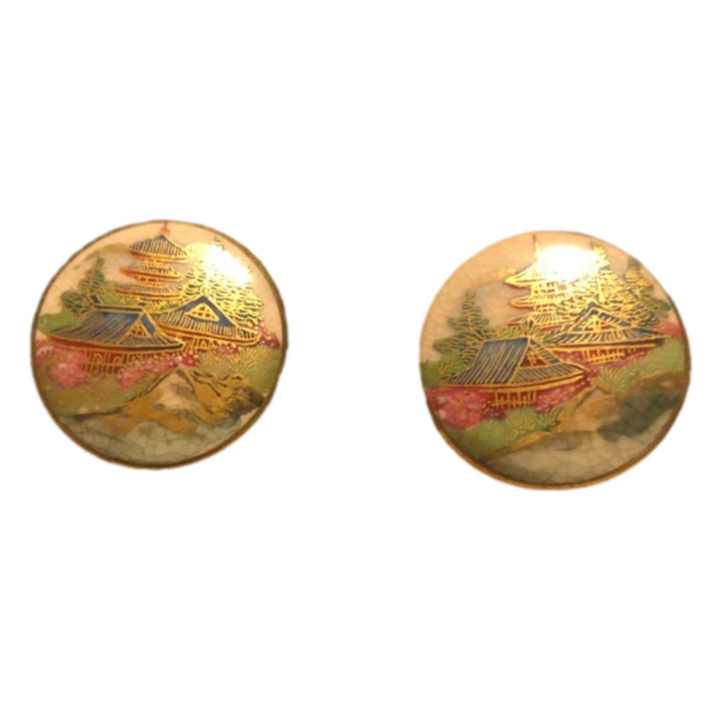 VTG 50s Satsuma Hand Painted Scenery Gold Ceramic Screw Back Earrings Japan 1.1”